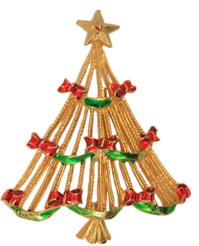 Christmas Ribbon Bow Tree Book Piece Figural Brooch - dates 1980s