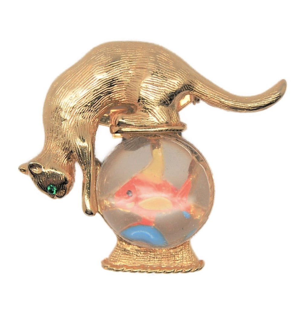Gold Crown Fishing Kitty Cat Fish Bowl Jelly Belly Vintage Figural Pin Brooch