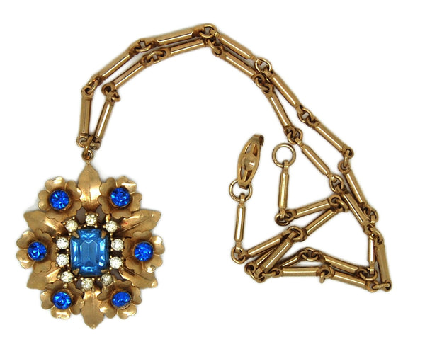 1950s Beautiful Blue & Gold Pendant Vintage Figural Necklace