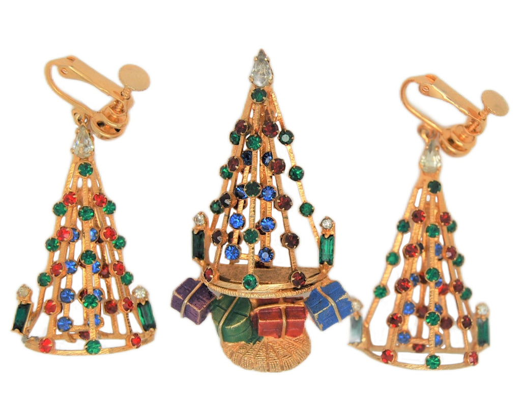 Warner Christmas Tree Garlands & Presents Brooch & Earring Set