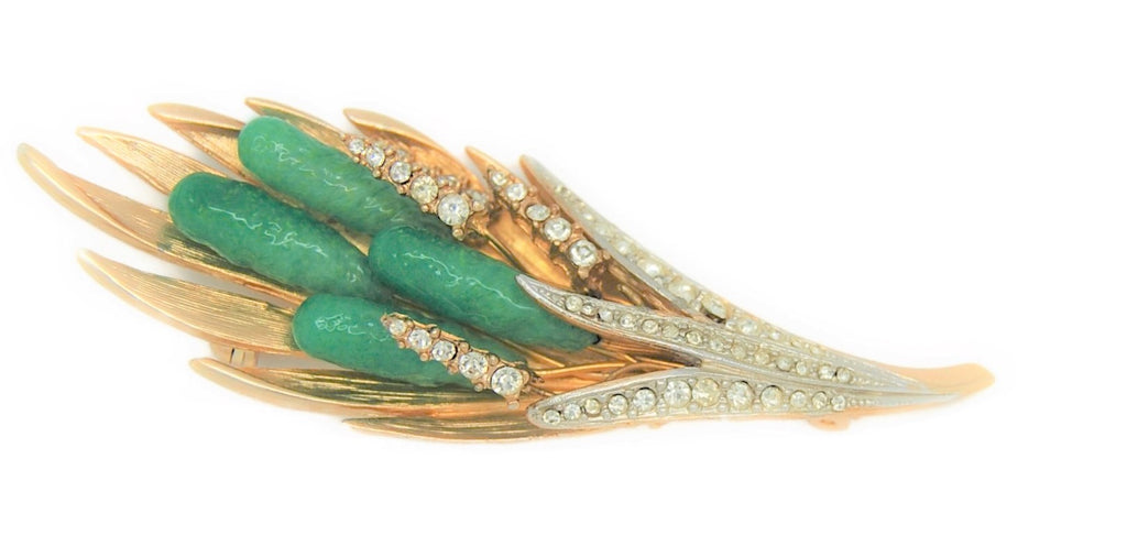 Carnegie Jade Cattails Vintage Figural Costume Brooch