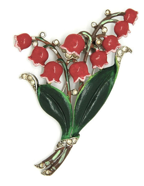 Charming 1940 Enamel & Rhinestone Lily Pink Flower Brooch