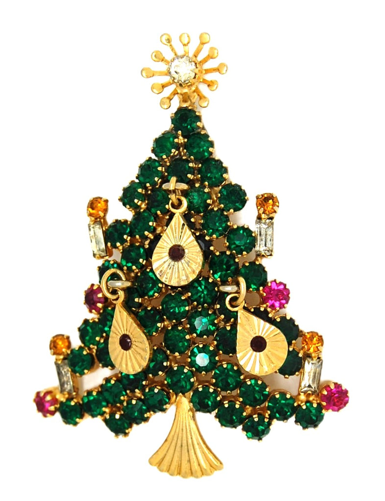 St Labre Rhinestone Christmas Holiday Tree Figural Brooch - 1960s