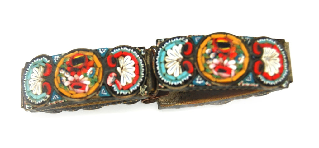 Antique Italian Mosiac Chip Floral 4 Copper Panel Bracelet - Early 1900s