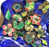 Antique Royal Blue Enameled Sterling Dimensional Cut Flowers & Leaves Pin Brooch