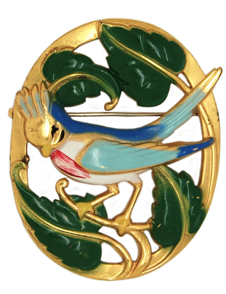Coro Katz Robin Red Breast Enamel Oval Vintage Figural Pin Brooch