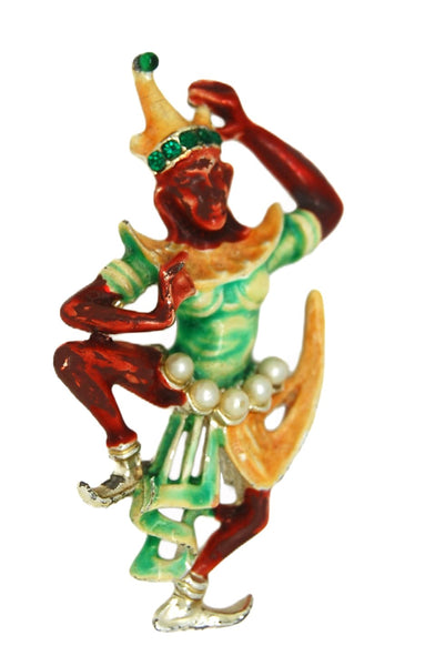 ART Enamel Pearls Temple Dancer Vintage Figural Costume Brooch