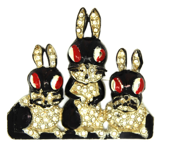 Block Black Triple Rabbit Bunny Figural Vintage Pin Brooch