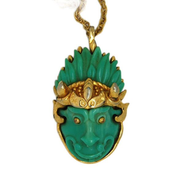 Wonderful Gargoyle Green Lucite Vintage Figural Pendant Statement Necklace