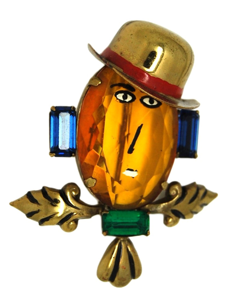 Lampl Top Hat Jeweled Enamel Face Bow Tie Vintage Figural Pin Brooch