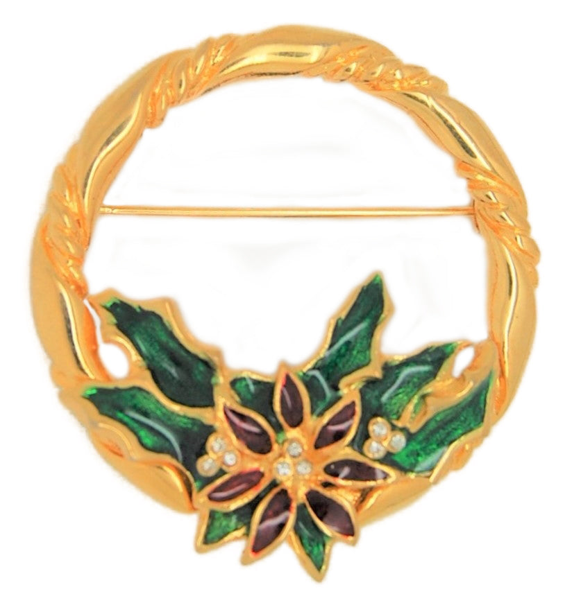 Holly Poinsettia Circle Christmas Vintage Figural Costume Brooch
