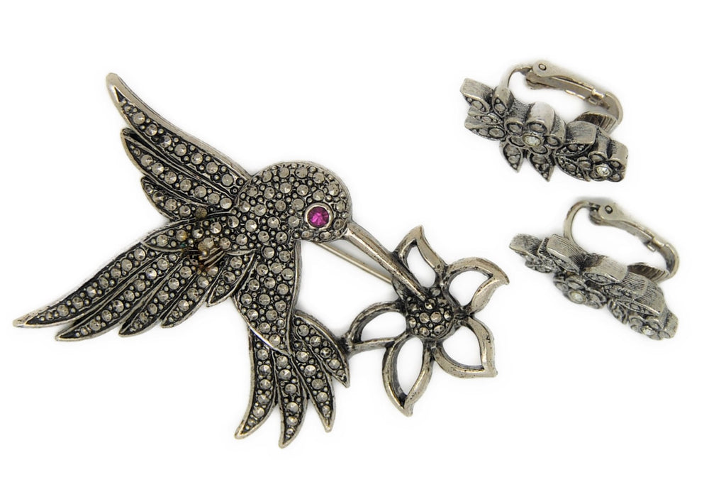 Avon Marcasite Hummingbird Figural Brooch & Earring Set