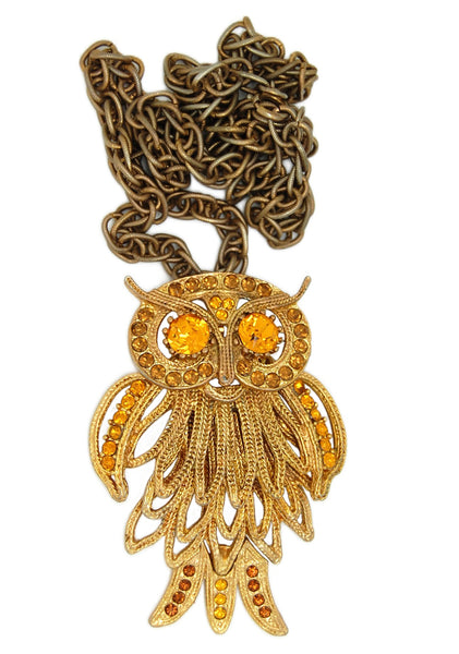 1950s Statement Multi-Level Gold Tone Amber Owl Vintage Figural Necklace