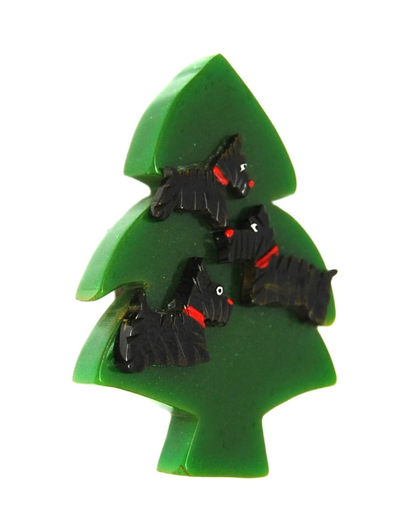 Foltz Bakelite Carved Scottie Dog Christmas Tree Vintage Figural Brooch