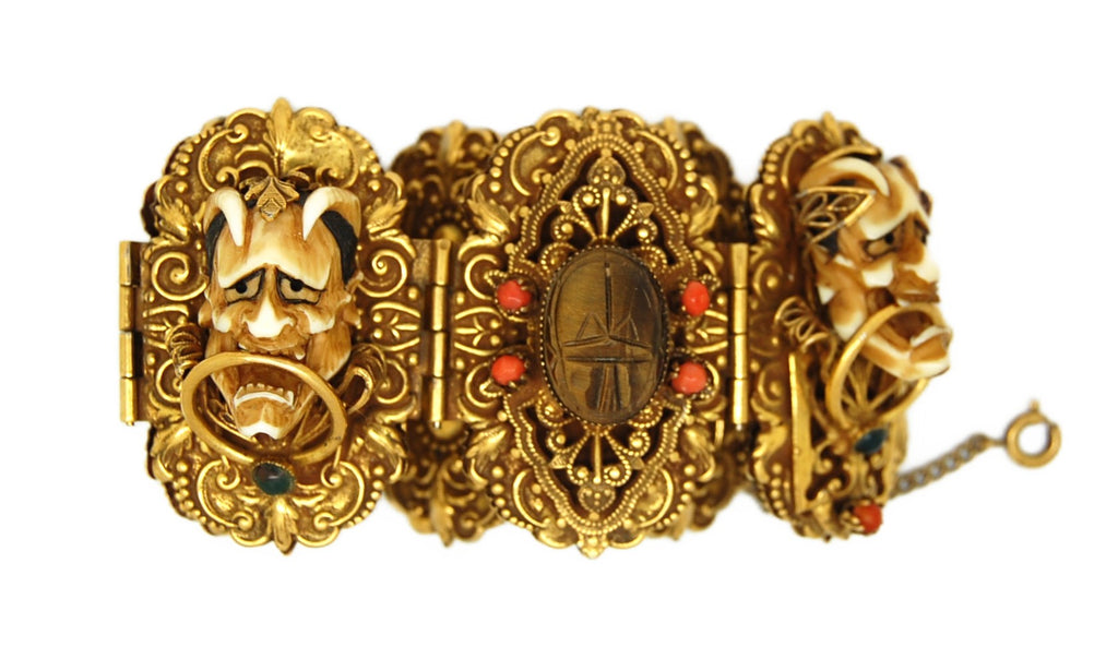 Braunstein 1952 Horned Smiling Devil Faustus Gold Plated Cartouche Bracelet