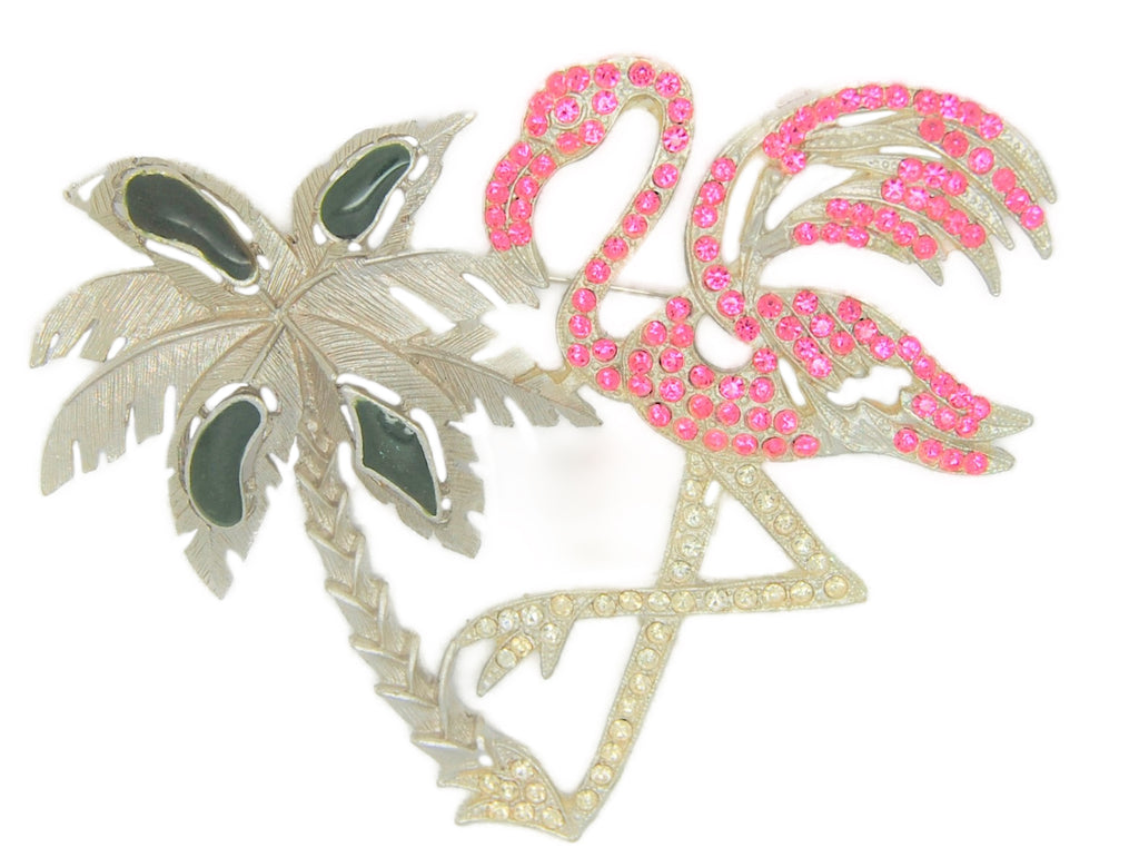 Serbin Flamingo Palm Tree Jade & Pink Rhinestones Vintage Figural Brooch