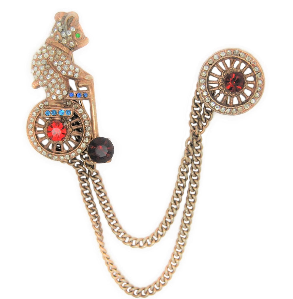 Gargano Circus Bear Unicycle Wheel Chatelaine Vintage Figural Brooch Set