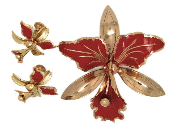 Mid-Century Statement Size Orchid Floral Vintage Figural Brooch & Earring Set