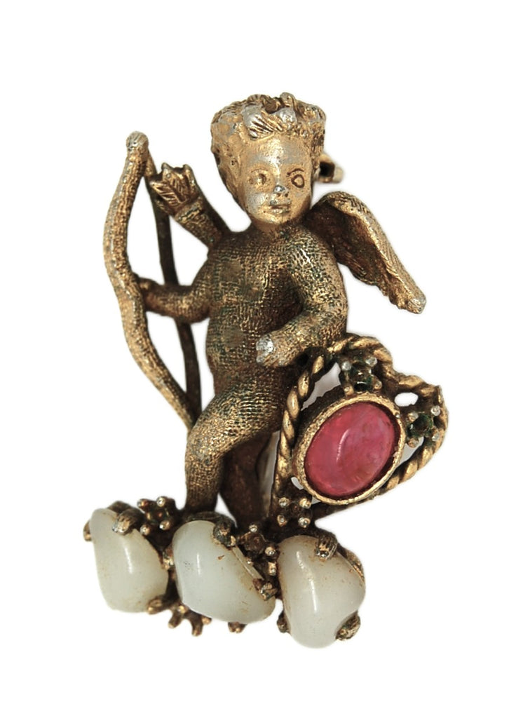 DeNicola Ruby Red Heart Cupid Cherub Putti Vintage Figural Pin Brooch