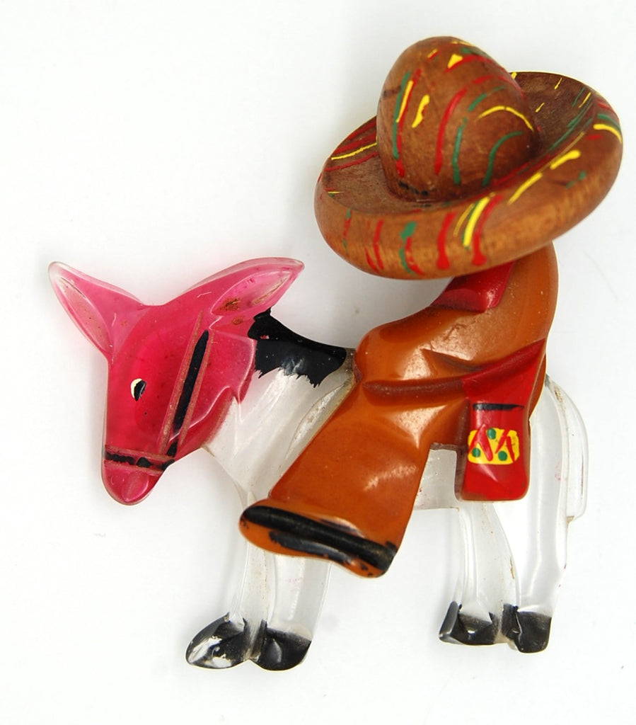 Bakelite Sleepy Rider Wood Sombrero Lucite Donkey Vintage Figural Brooch