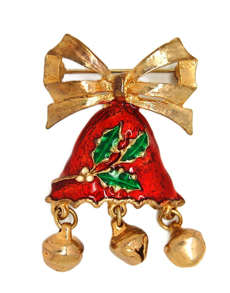 Christmas Bow Bell Red Enamel & Holly Dangle Vintage Figural Brooch
