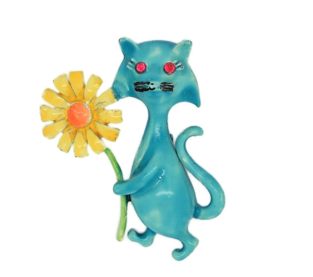 JJ Blue Daisy Cat Vintage Costume Figural Pin Brooch