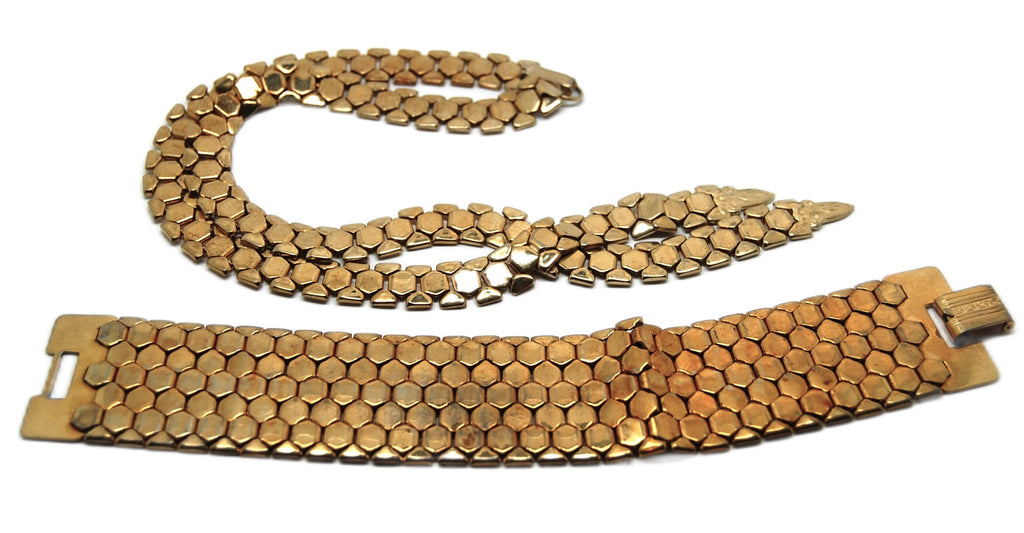 Reinad Signed Honeycomb Hexagon Flat Link Gold Tone Vintage Bracelet & Necklace Set