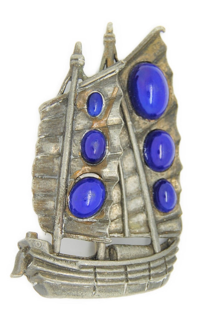 Little Nemo Blue Stones Junk Boat Vintage Figural Costume Brooch