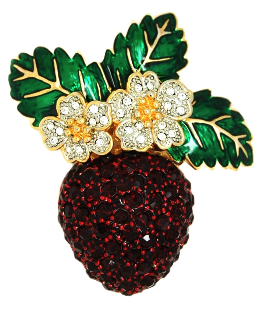 KJL Strawberry Red Translucent Green Enamel  Vintage Figural Pin Brooch.