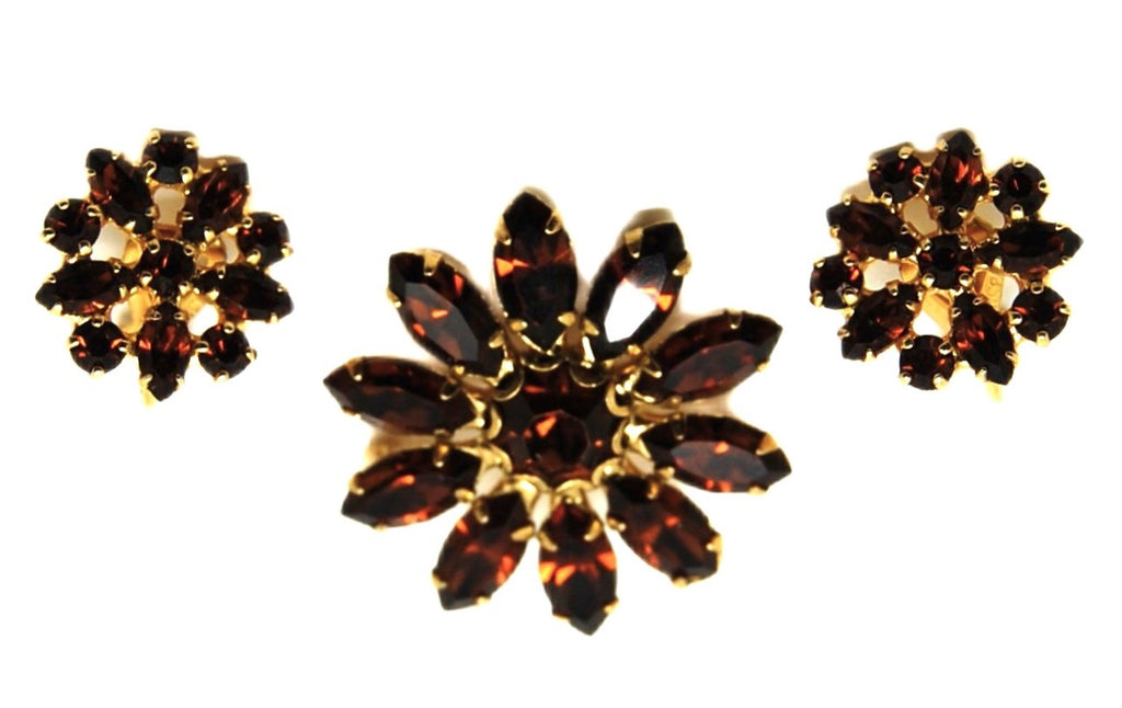 Cathe Mid-Century Root Beer Rhinestones Starburst Figural Brooch & Earring Set
