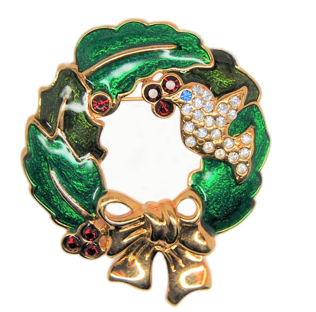 Monet Dove Enamel Bow & Holly Wreath Vintage Figural Wreath - 1990s