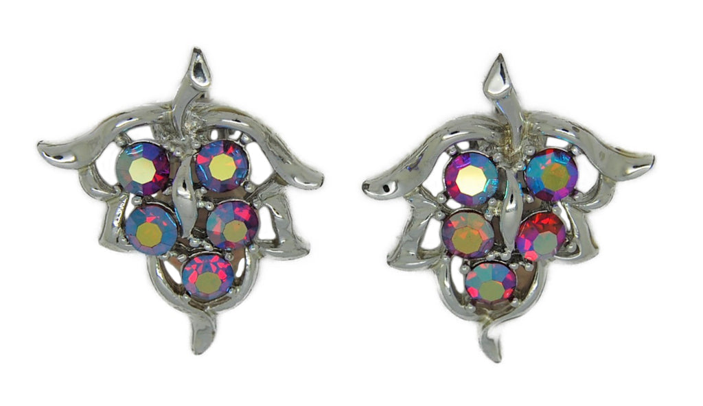 Coventry Ruby Aurora Borealis Leaf Vintage Figural Earrings