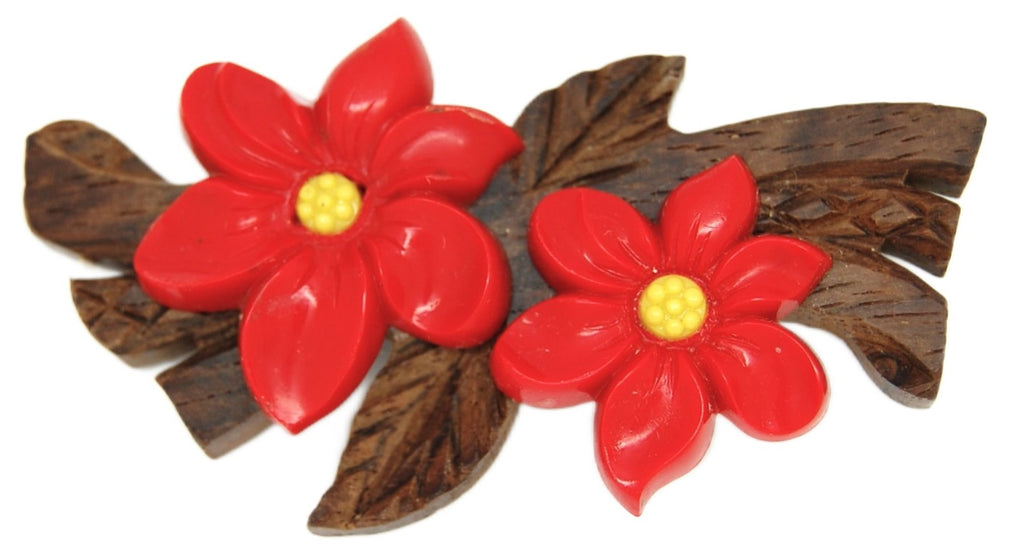 Celluloid Bright Blooms Carved Wood Branch Vintage Figural Brooch 1930s