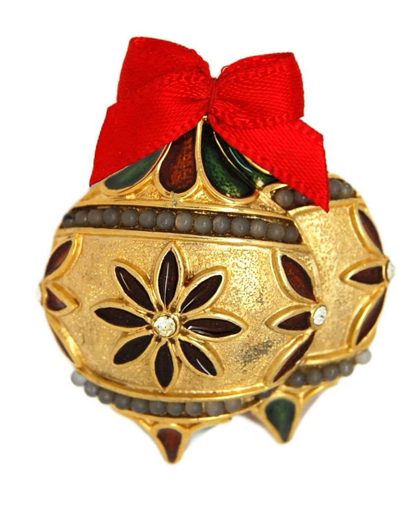 Holiday Christmas Double Ornament Red Ribbon Vintage Figural Brooch.