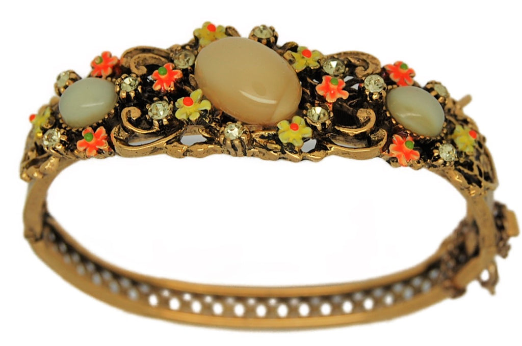 ART Enamel Moonstones Floral Clasp Vintage Figural Bracelet
