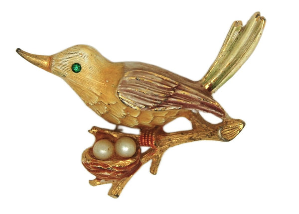JJ Jonette Enamel Bird on Branch Pearls Nest Vintage Figural Pin Brooch