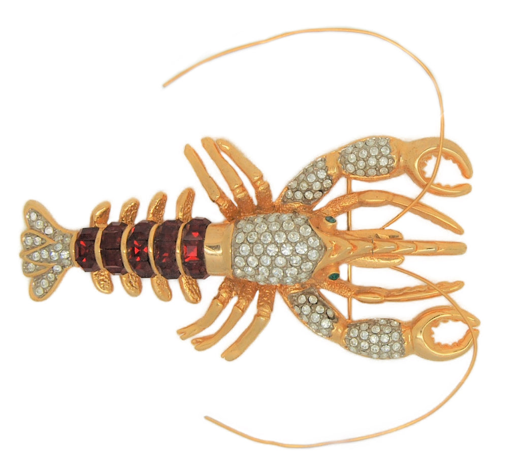 Lobster Ruby Channel Crystal Wire Antenna Vintage Figural Brooch