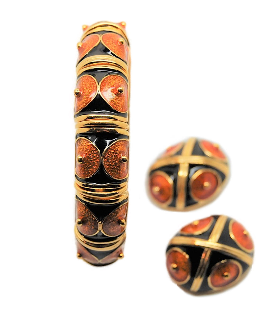 Joan Rivers Black & Tan Enamel Bracelet & Matching Earrings 1990s