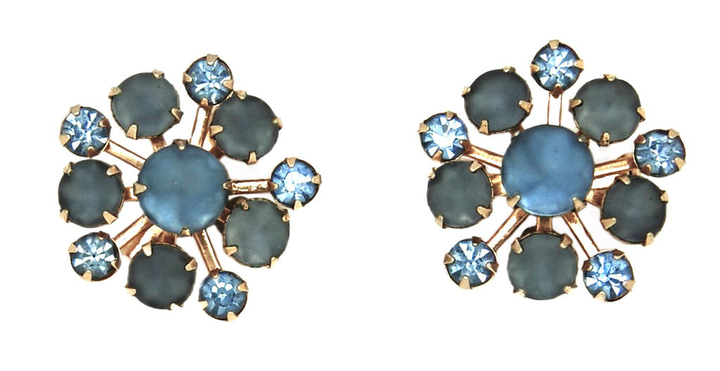 Beau Blues Starburst Beach Glass & Rhinestones Vintage Figural Brooch Set
