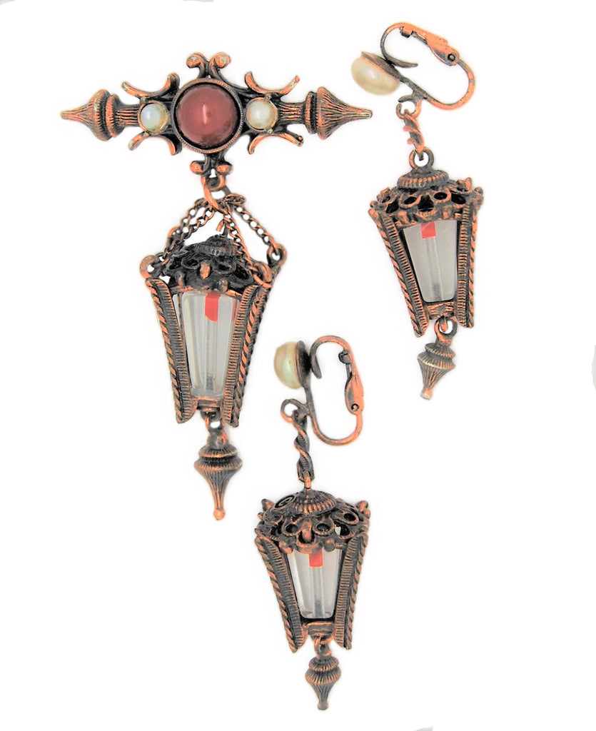 Hollycraft Dangle Christmas Lucite Lantern Brooch & Vintage Dangle Earrings