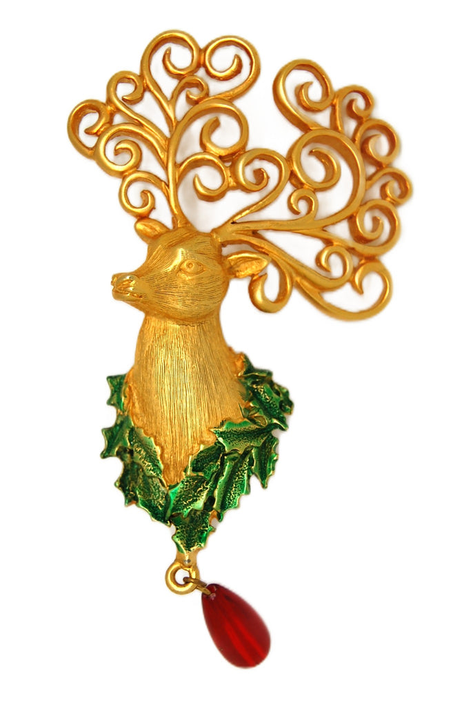 JJ Jonette Massive Holly Berries Antler Reindeer Vintage Figural Pin Brooch