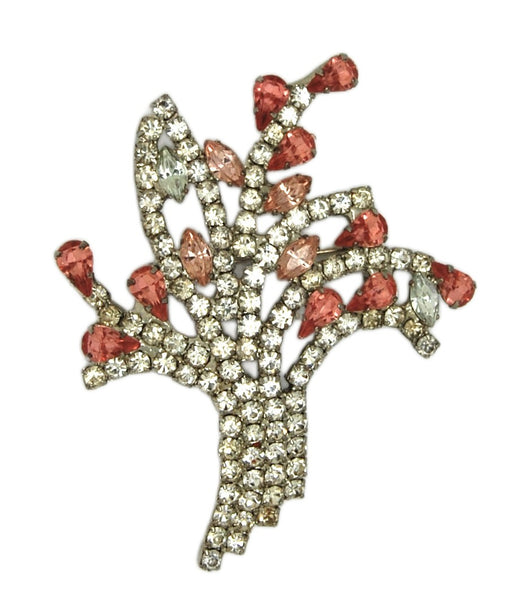 1960s Pink & Clear Rhinestone Floral Spray Tree Vintage Figural Pin Brooch