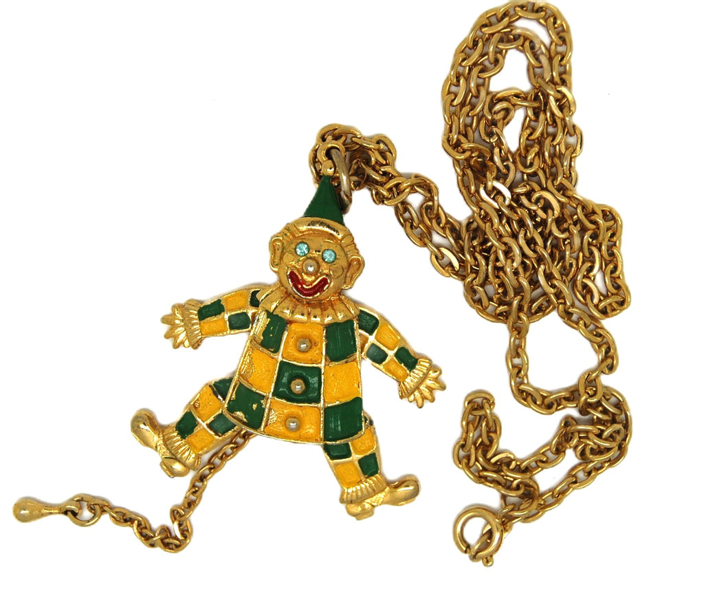 JJ Jonette Mechanical Clown Dangling Vintage Figural Costume Necklace.
