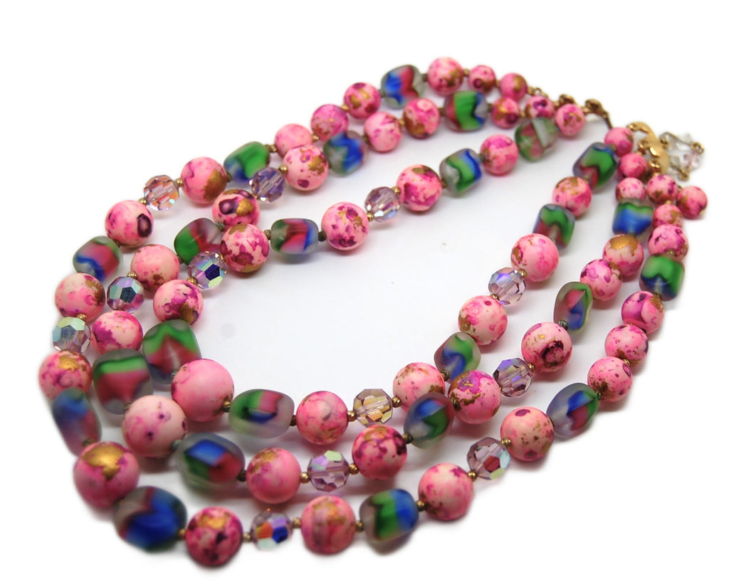 Frosted Italian Art Glass Triple Strand Crystal & Pink Beaded Necklace