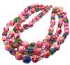 Frosted Italian Art Glass Triple Strand Crystal & Pink Beaded Necklace
