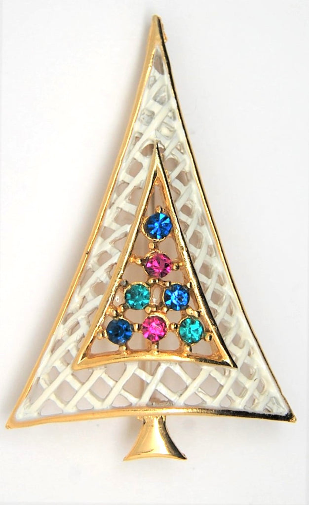 Christmas White Trellis Tree Vintage Figural Brooch