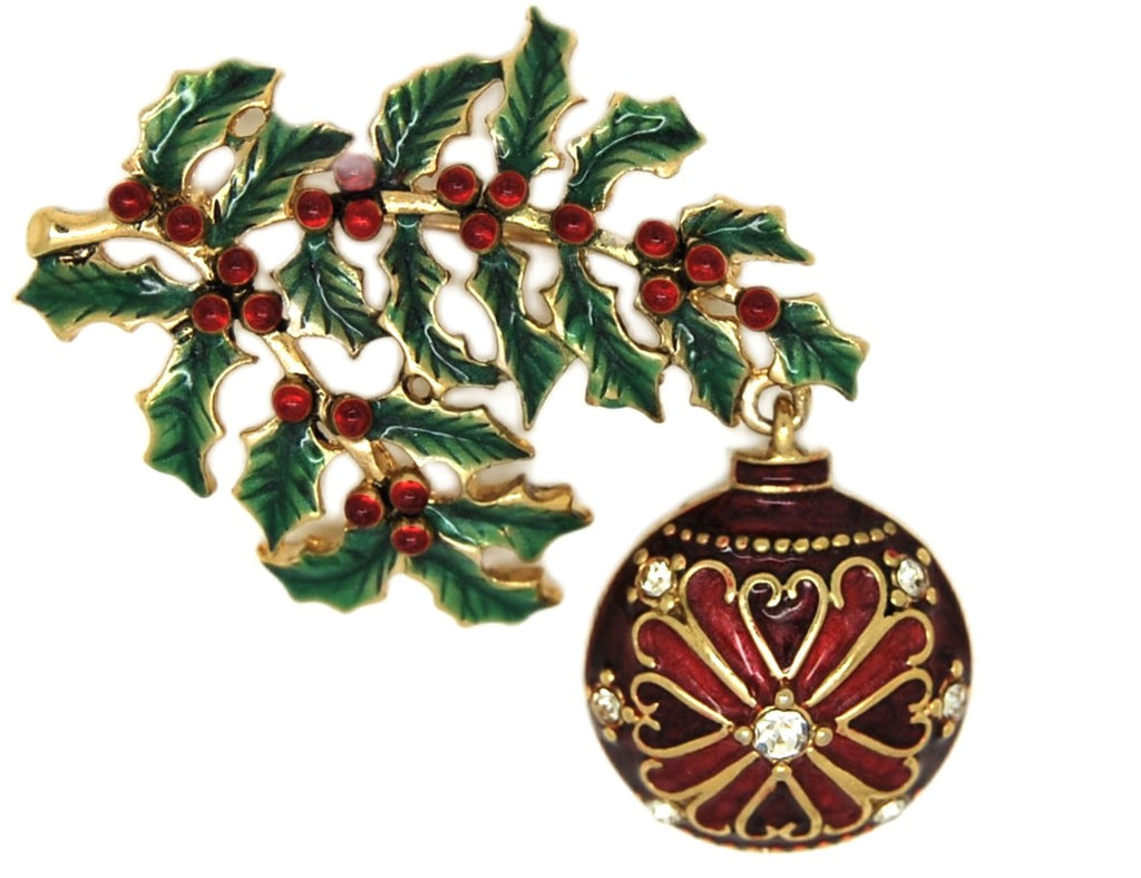 Monet Christmas Dangling Ornament and Holly Berry Bow Vintage Figural Brooch