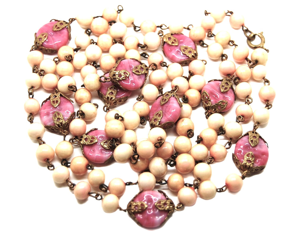 Czech Filigree Pink Art Glass & Tinted Glass Pearl Beaded Chain Vintage Necklace