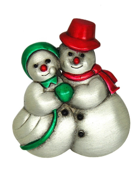 JJ Jonette Brushed Silver Snowman Couple Vintage Figural Pin Brooch