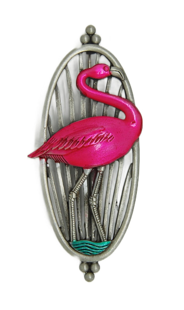 JJ Jonette Pink Enamel Flamingo Reed Frame Vintage Figural Brooch